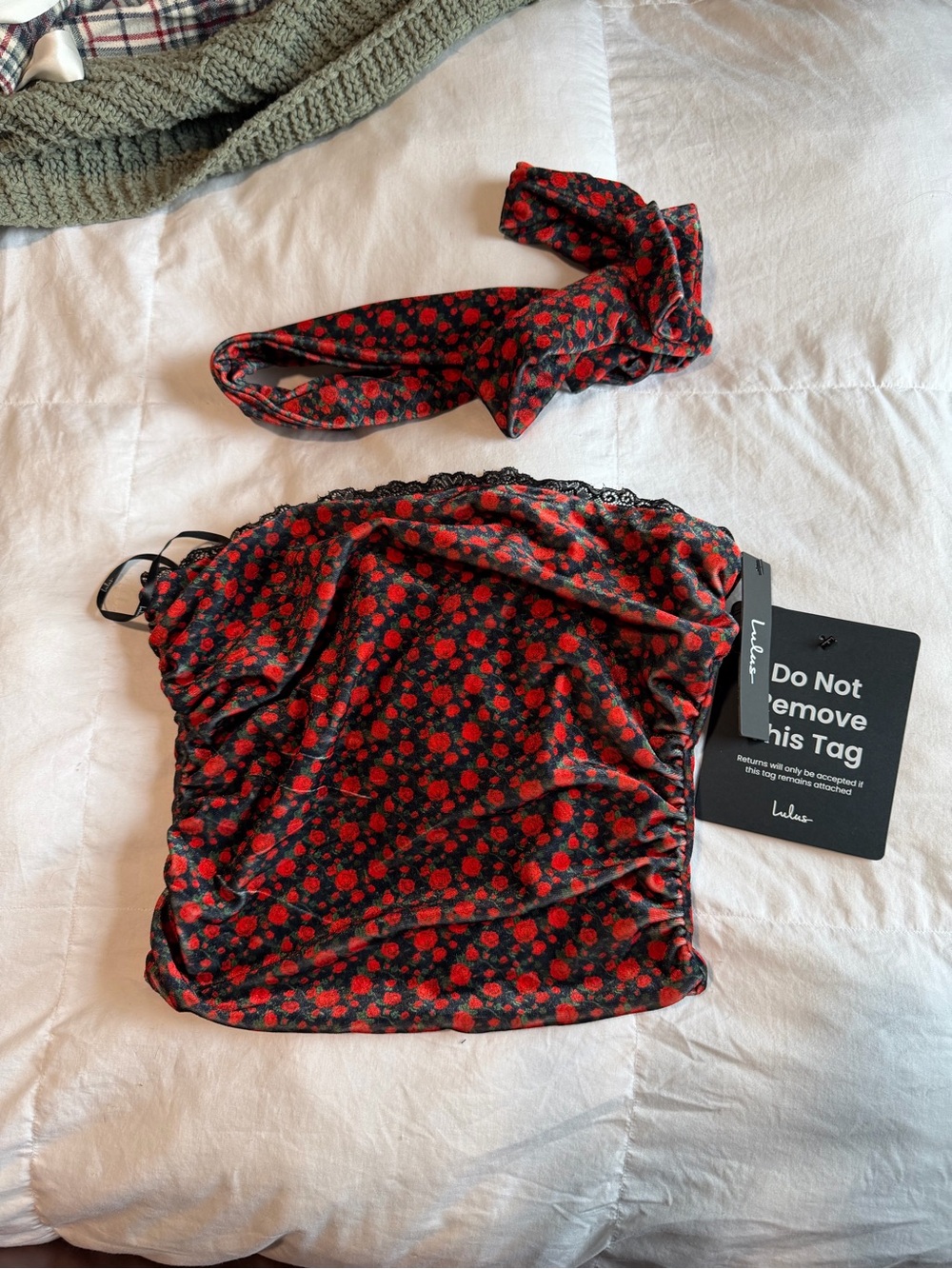 Lulu's Black Strapless Floral top with Matching Scarf